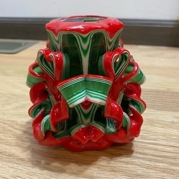 Handcrafted Carved Christmas Candle Red Green Swirl Holiday Decor - Picture 3 of 9